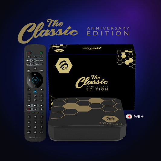 BuzzTV Classic Anniversary Edition set-top box and remote on a dark blue glow background