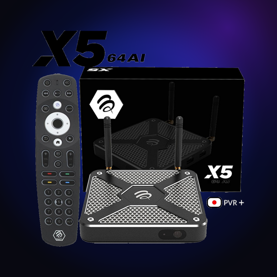 BuzzTV X5 Android TV box with remote and retail box on a dark blue glow background