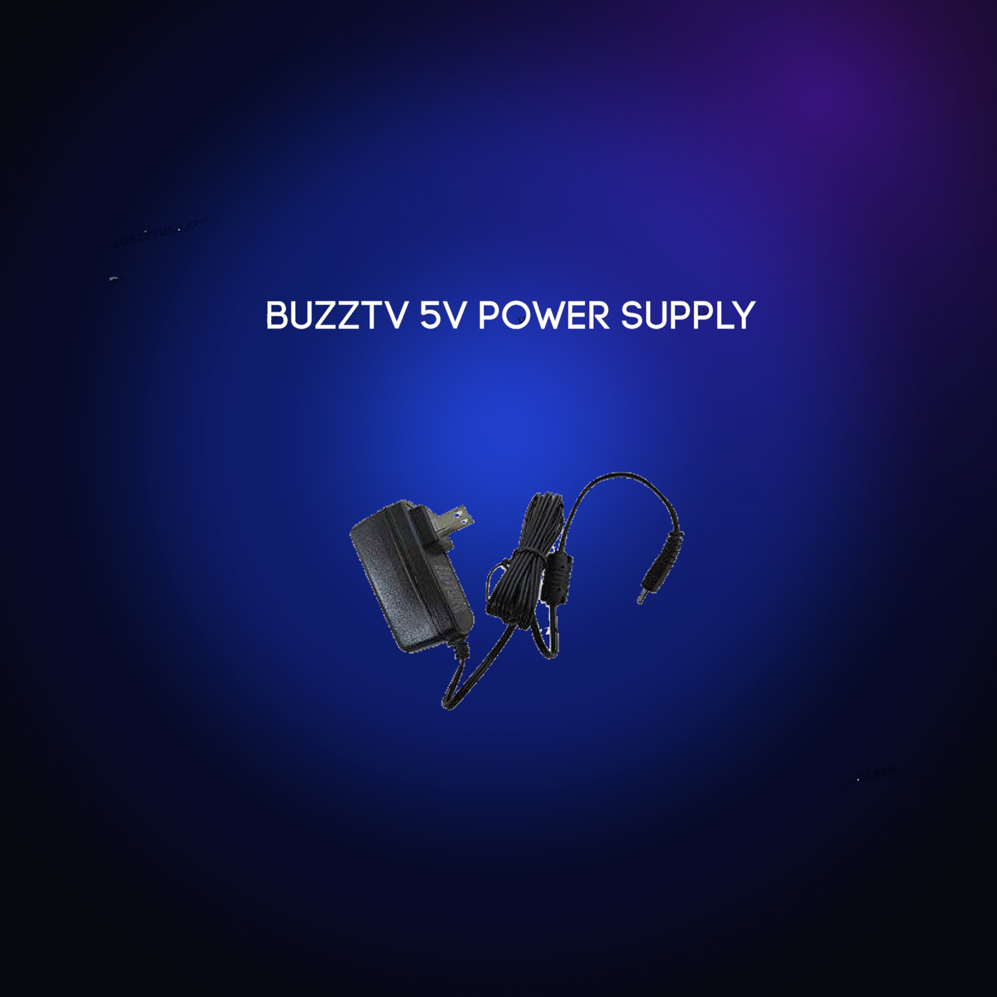 BuzzTV 5V power supply adapter on a dark blue glow background
