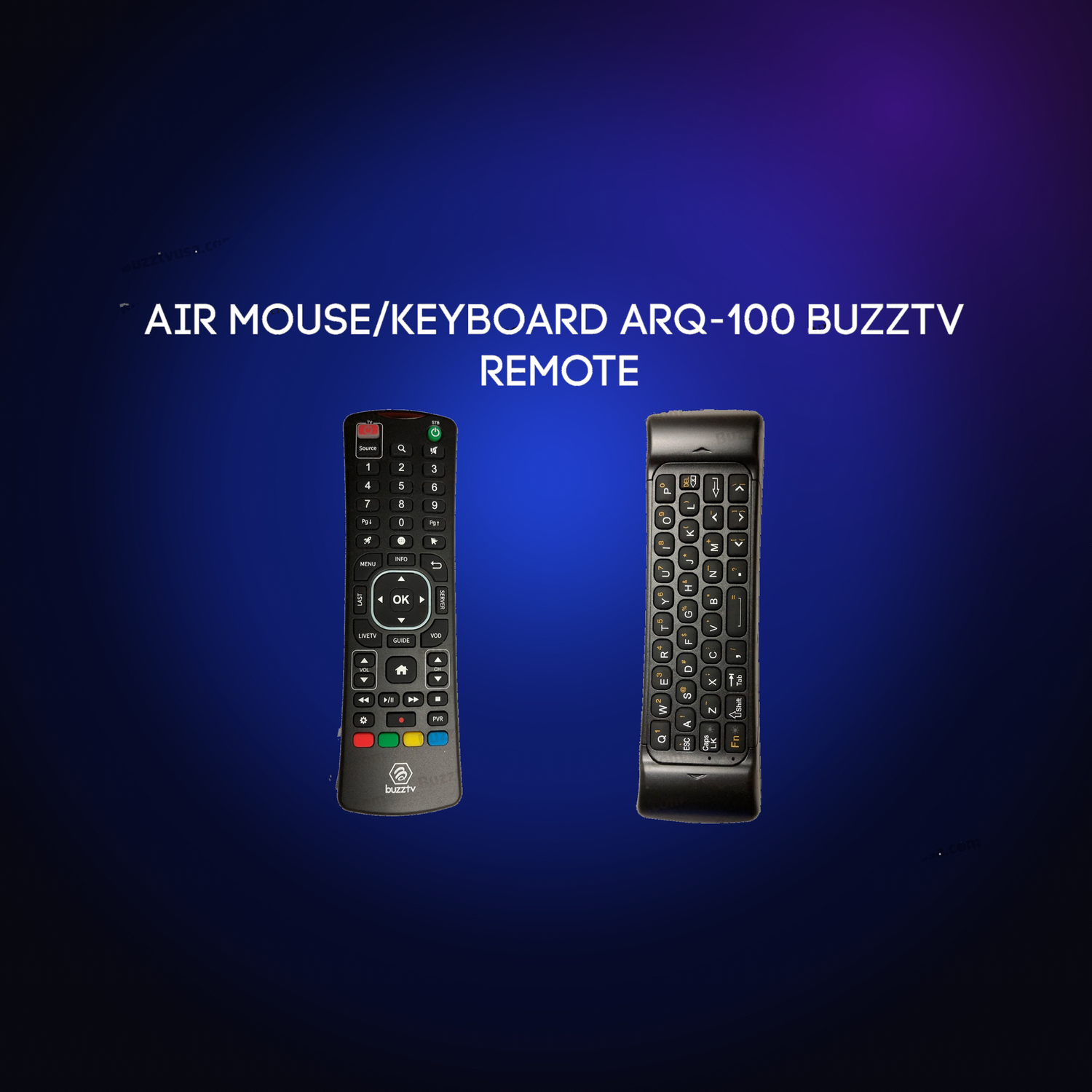 BuzzTV ARQ-100 air mouse keyboard remote on a dark blue glow background