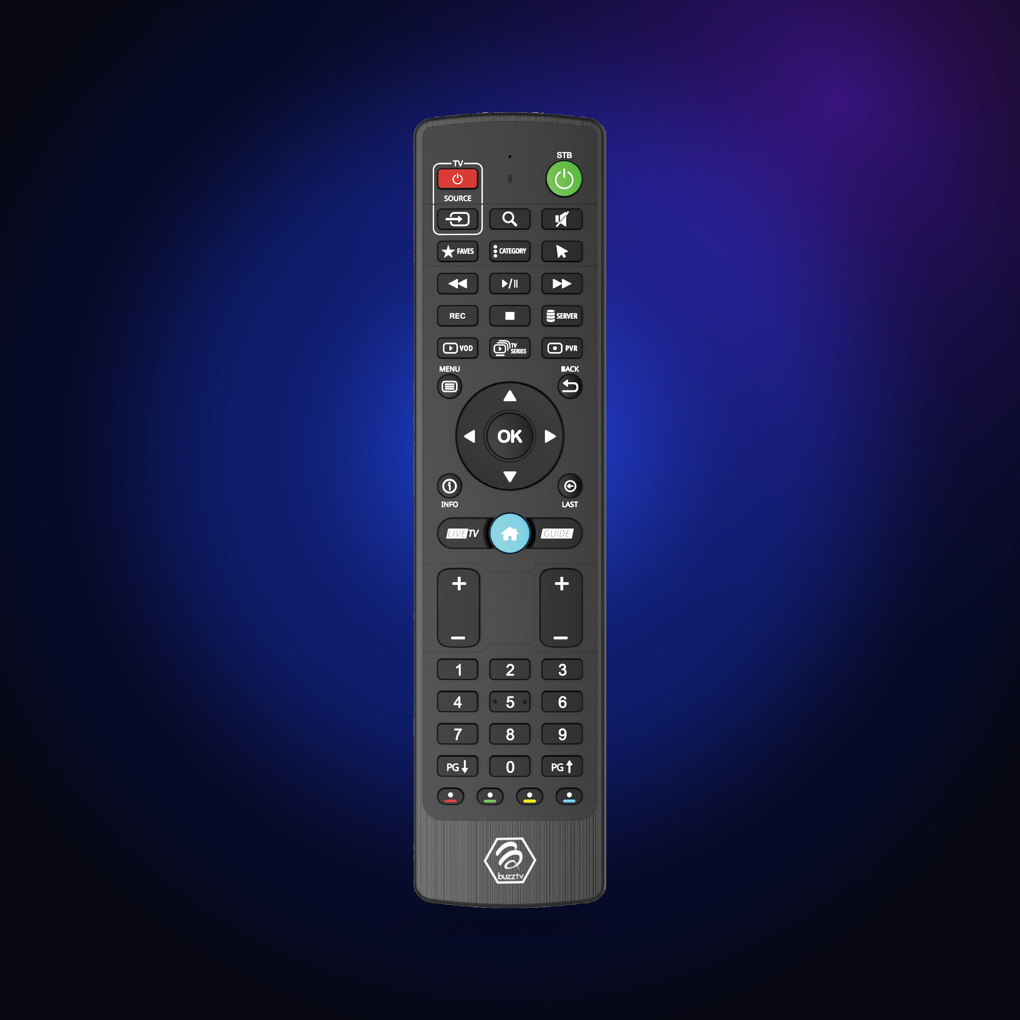 BuzzTV BT-100 remote on a dark blue glow background