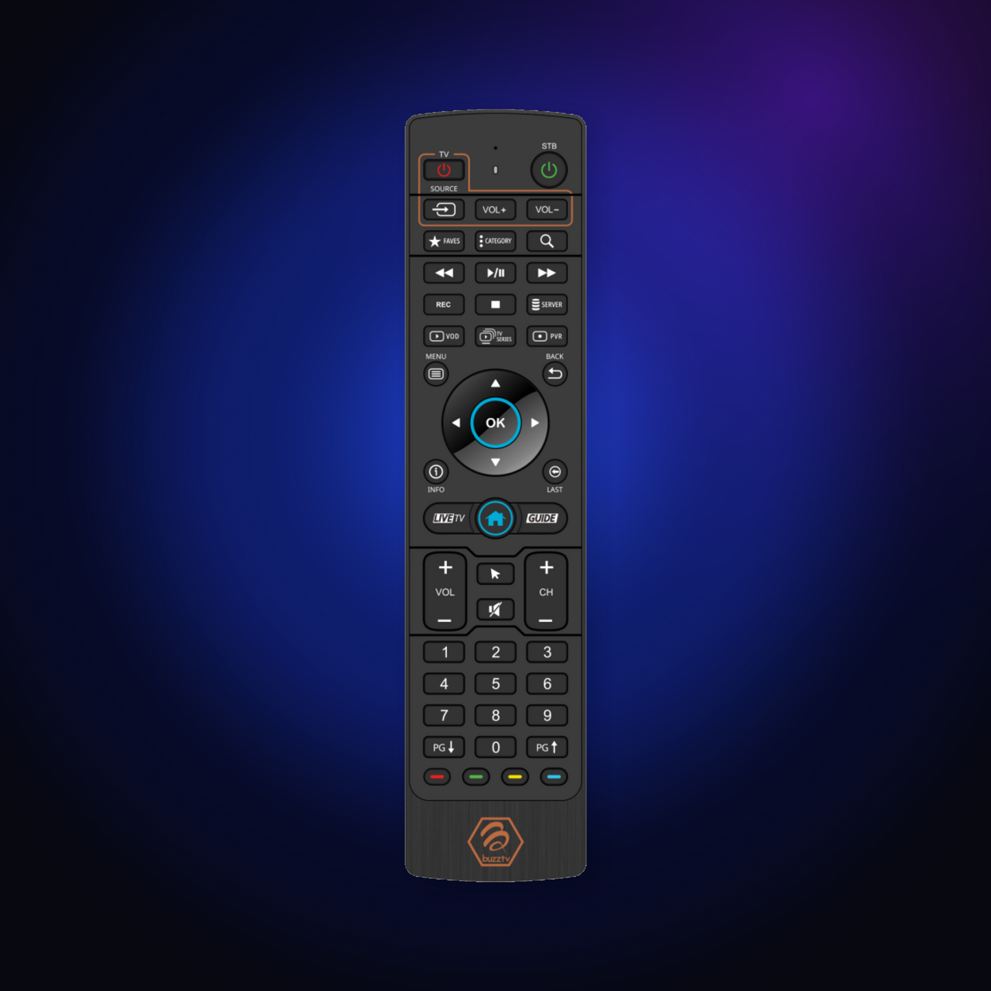 BuzzTV BT-200 remote on a dark blue glow background