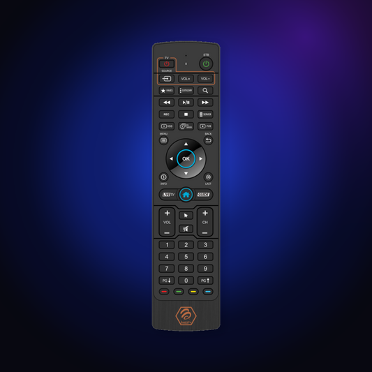 BuzzTV BT-200 remote on a dark blue glow background