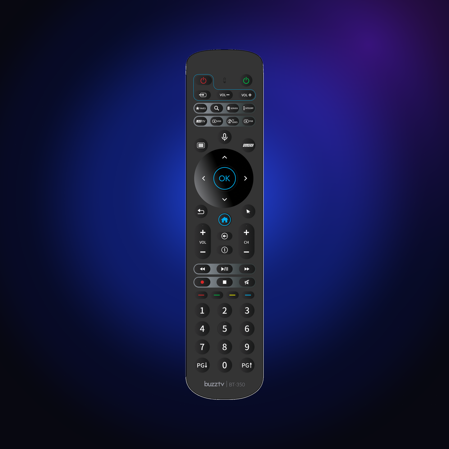 BuzzTV BT-350 Voice Remote on a dark blue glow background