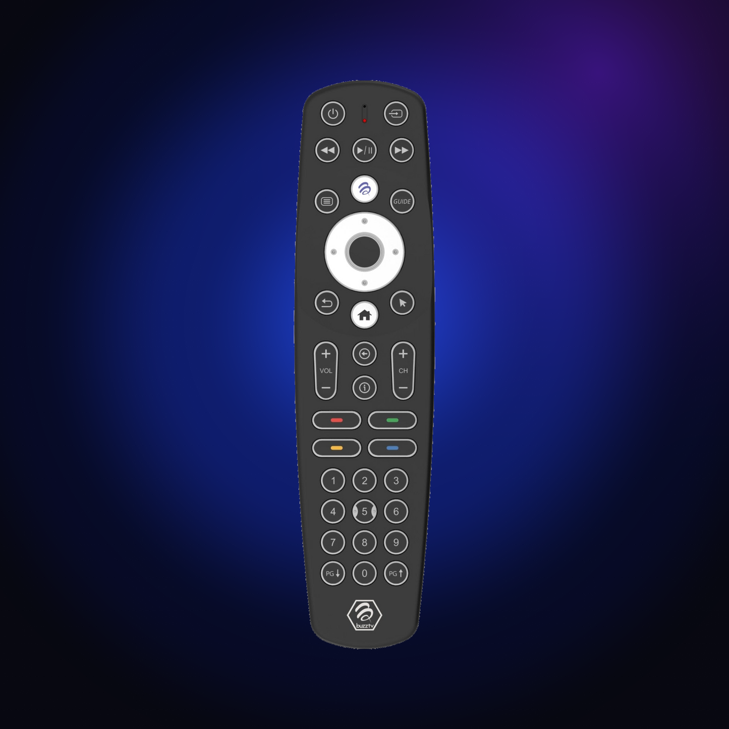BuzzTV BT-400 Smart Remote on a dark blue glow background