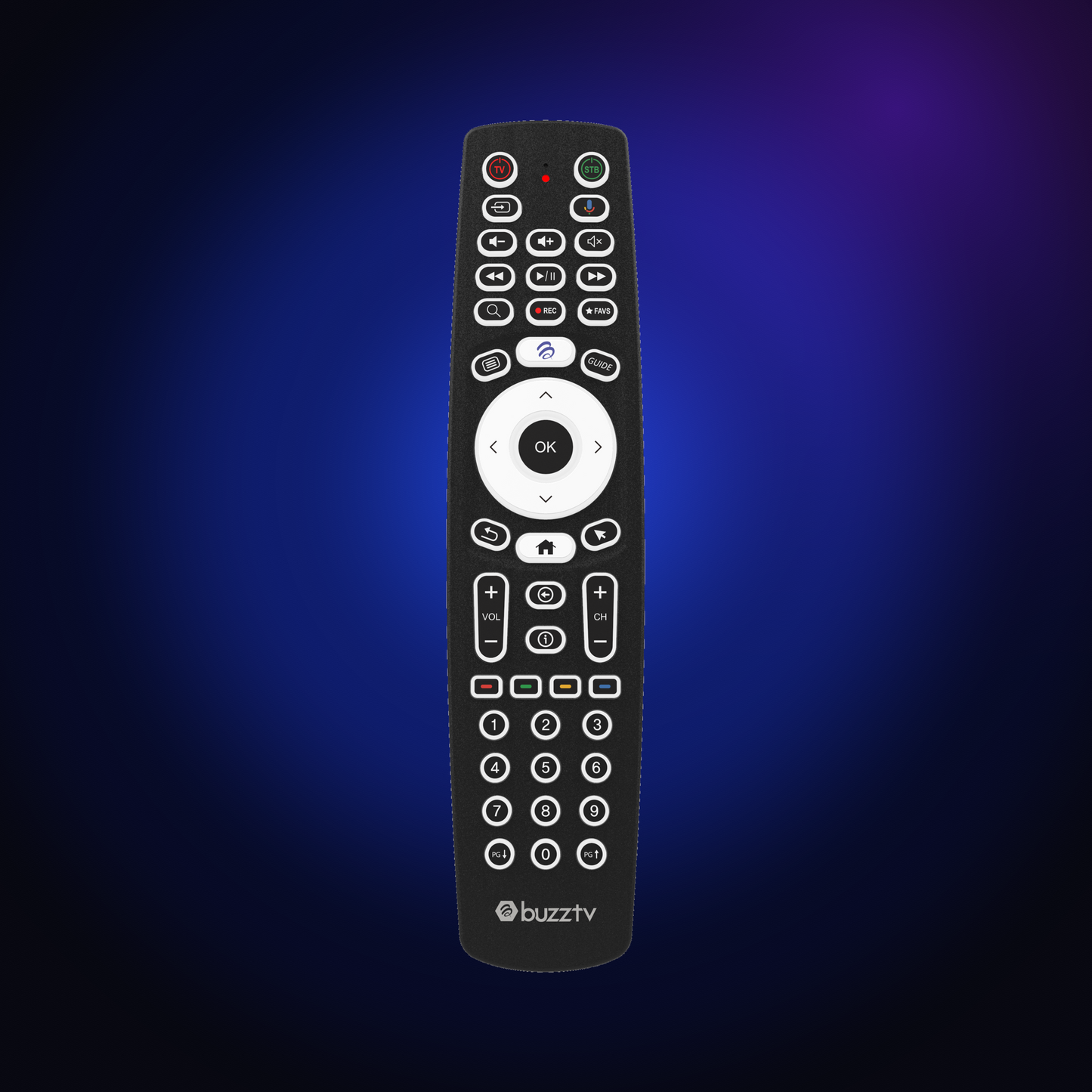 BuzzTV BT-500 Smart Voice Remote on a dark blue glow background