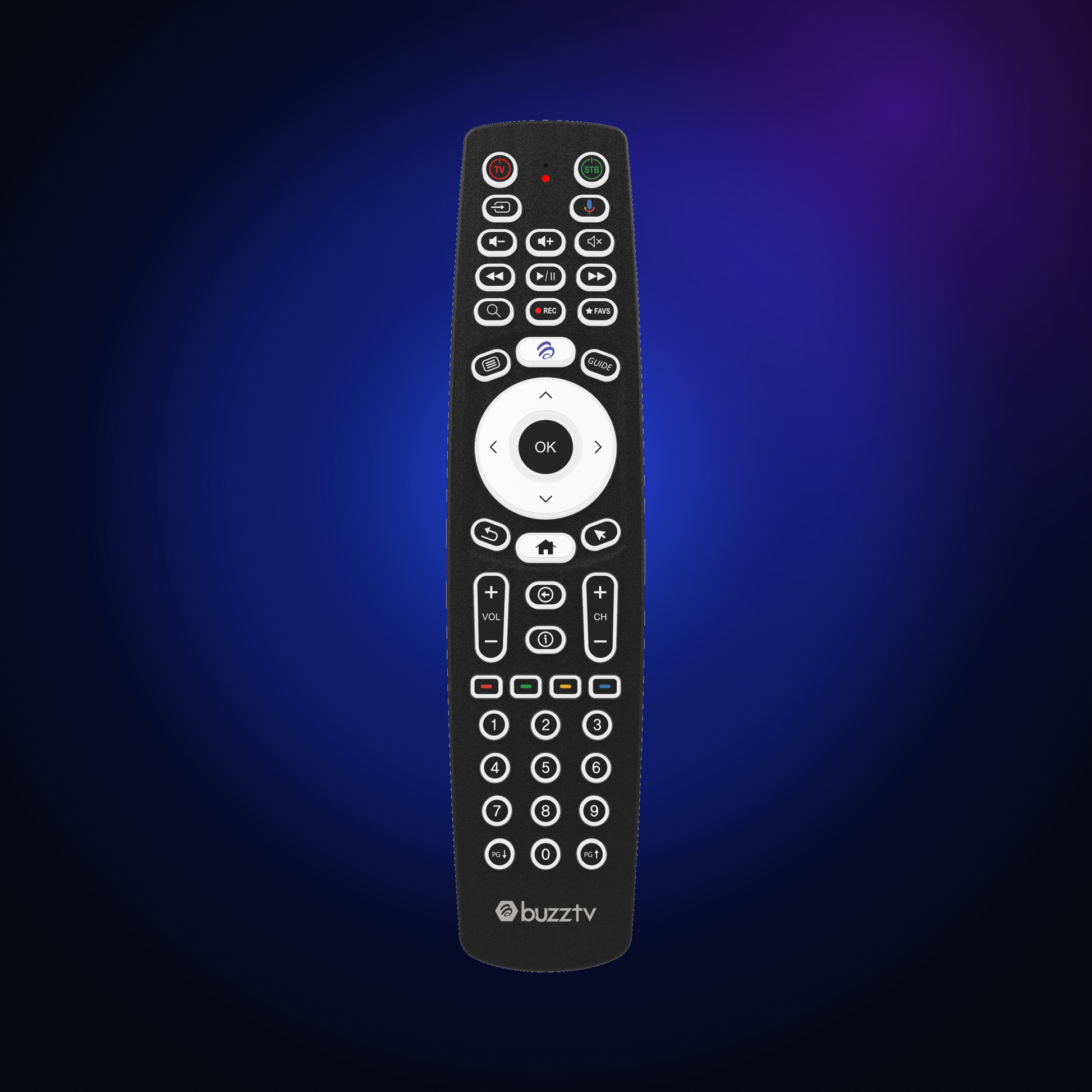 BuzzTV BT-500 Smart Voice Remote on a dark blue glow background