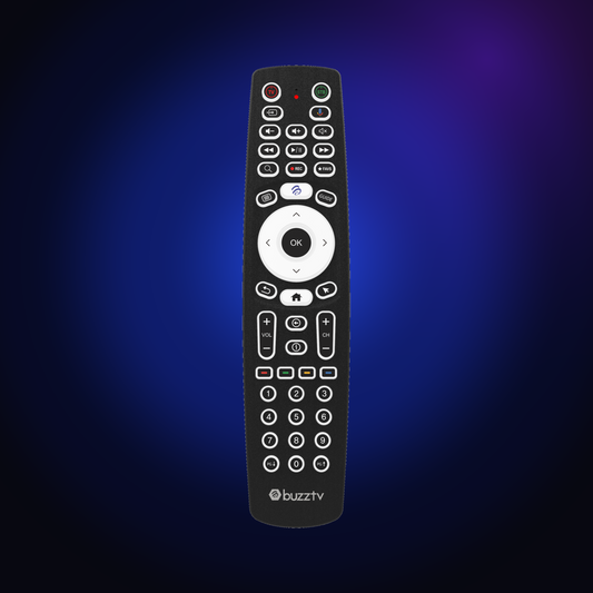 BuzzTV BT-500 Smart Voice Remote on a dark blue glow background