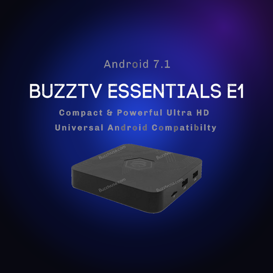 Open-box BuzzTV Essentials E1 media box on a dark blue glow background