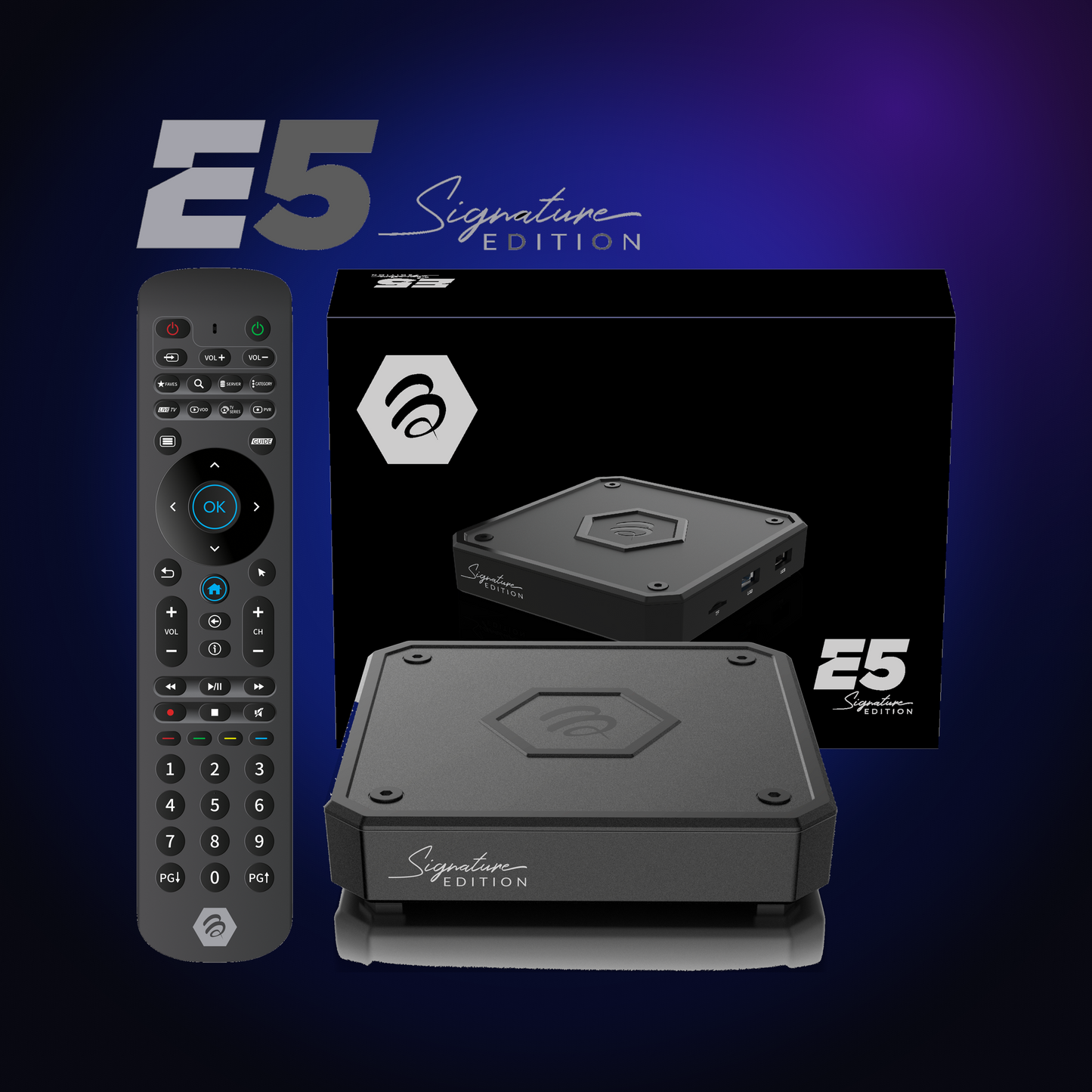 BuzzTV E5 SE Signature Edition set-top box with remote and retail box on a dark blue glow background