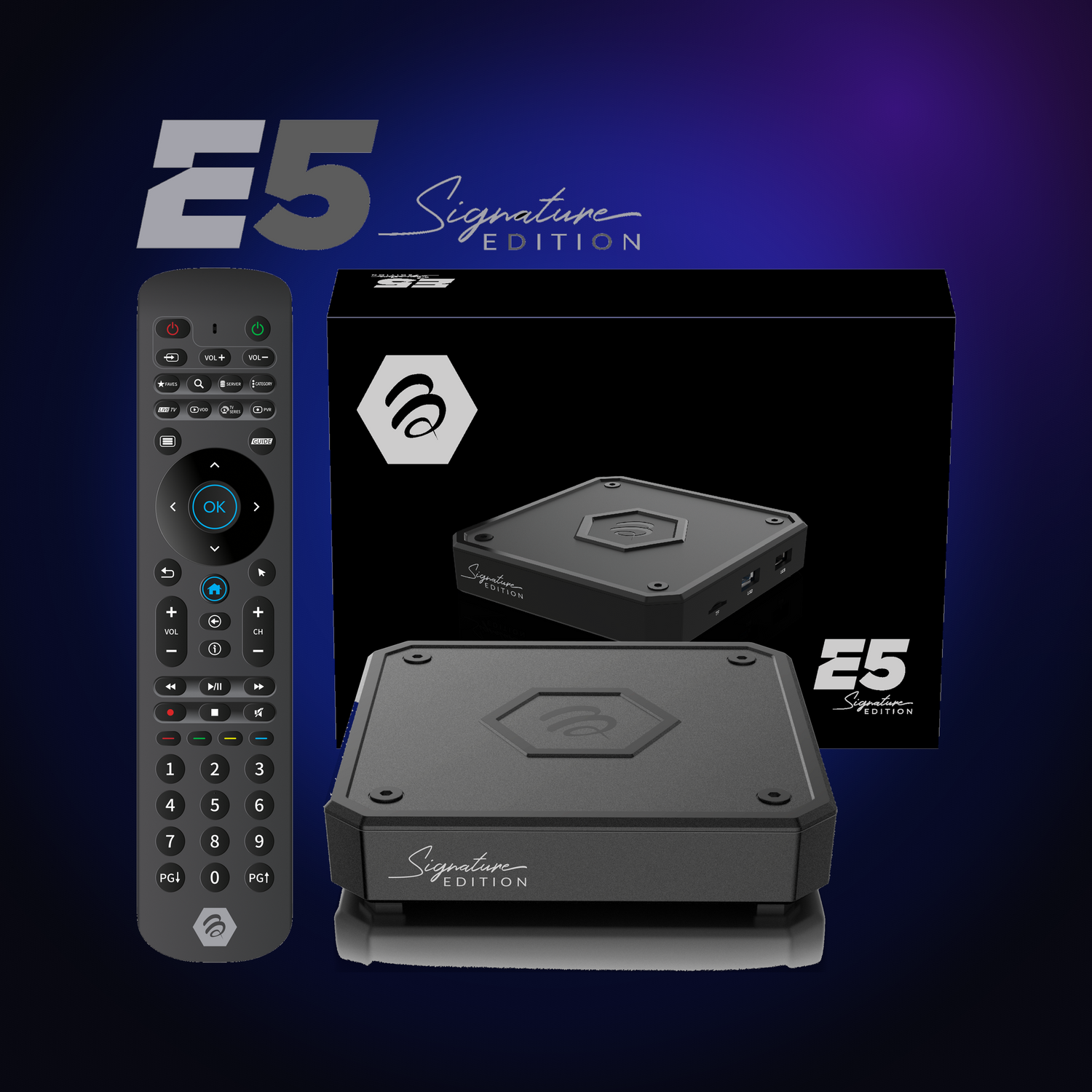 BuzzTV E5 SE Signature Edition set-top box with remote and retail box on a dark blue glow background