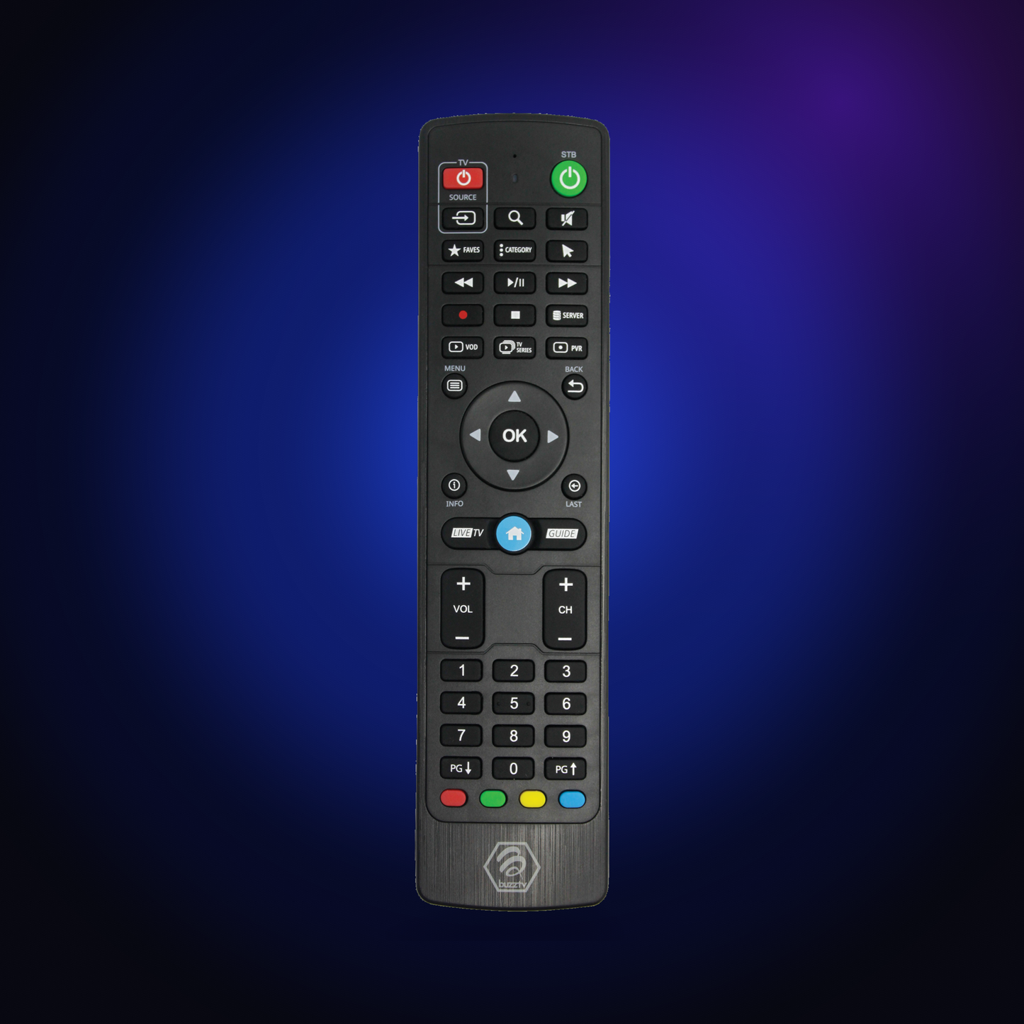 BuzzTV IR-100 remote on a dark blue glow background