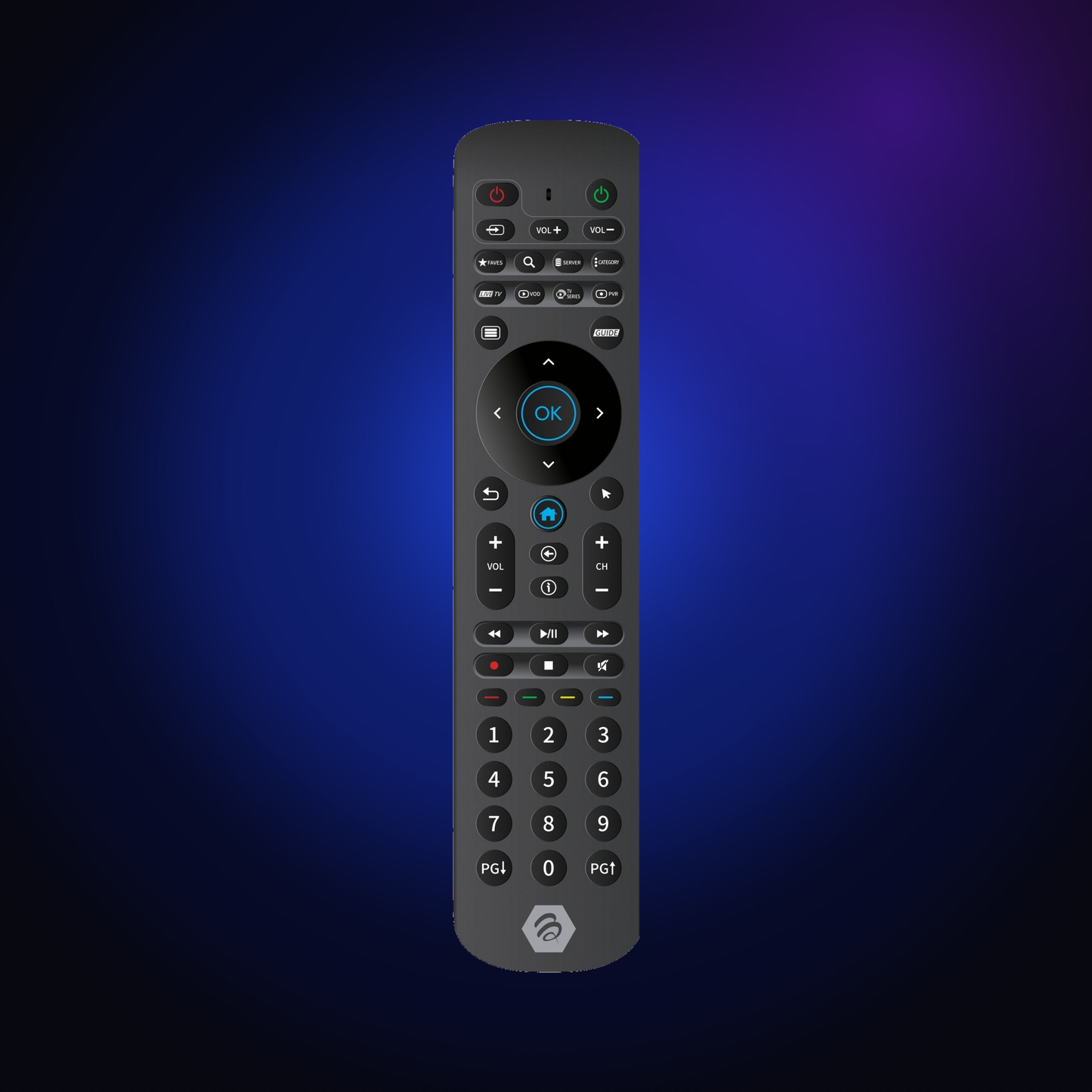 BuzzTV IR-200 remote on a dark blue glow background