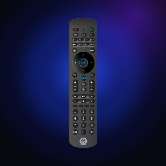 BuzzTV IR-200 remote on a dark blue glow background