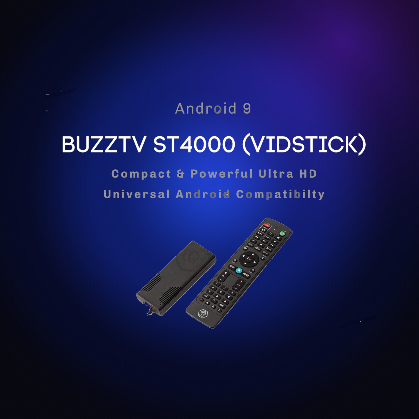 Open-box BuzzTV ST4000 VidStick streaming stick with remote on a dark blue glow background