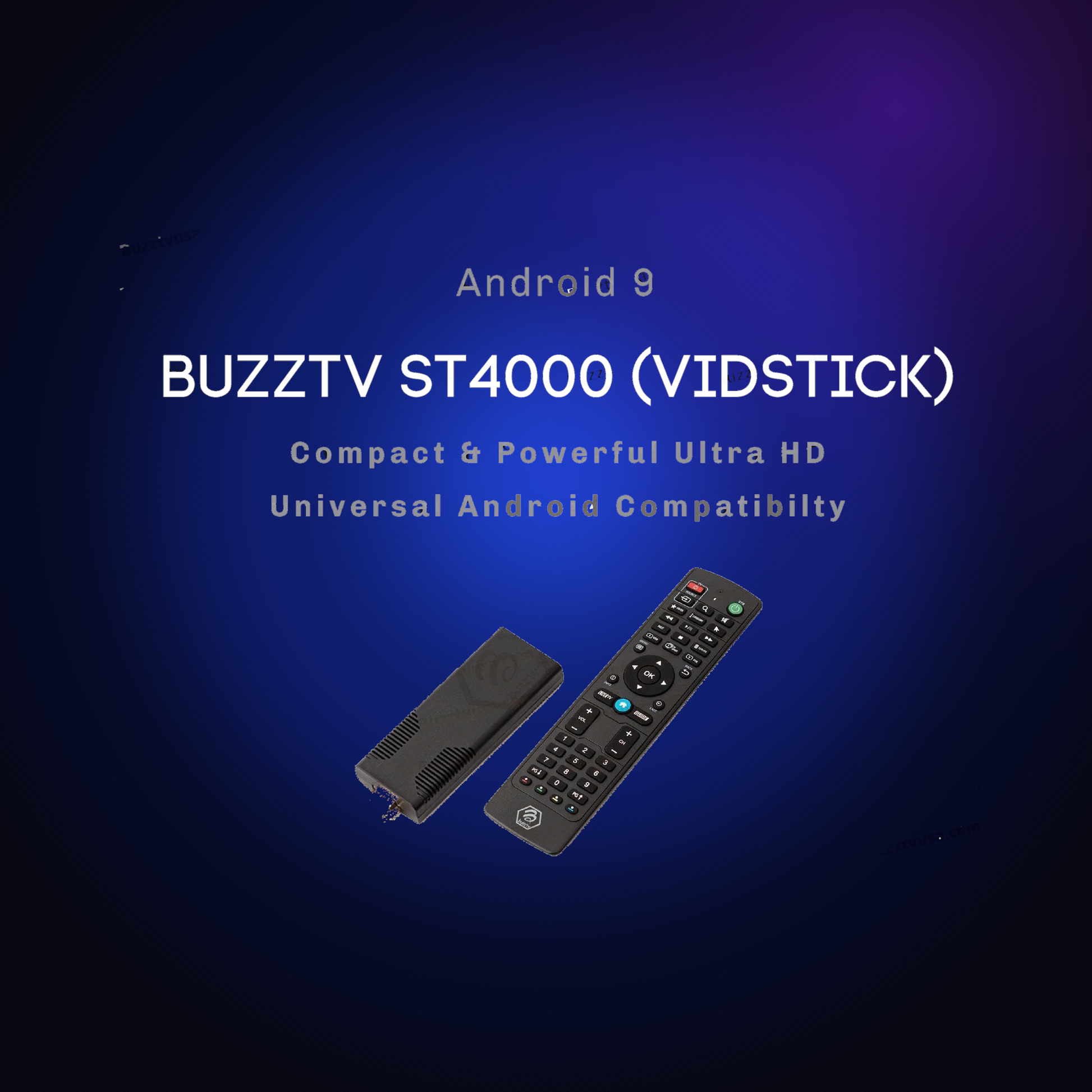 Open-box BuzzTV ST4000 VidStick streaming stick with remote on a dark blue glow background
