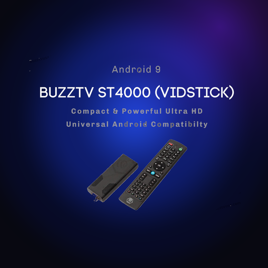 Open-box BuzzTV ST4000 VidStick streaming stick with remote on a dark blue glow background