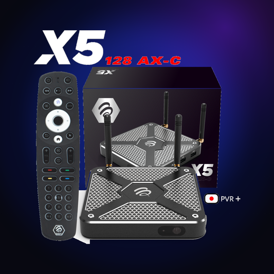 BuzzTV X5 AX-C streaming media player with remote and retail box on a dark blue glow background