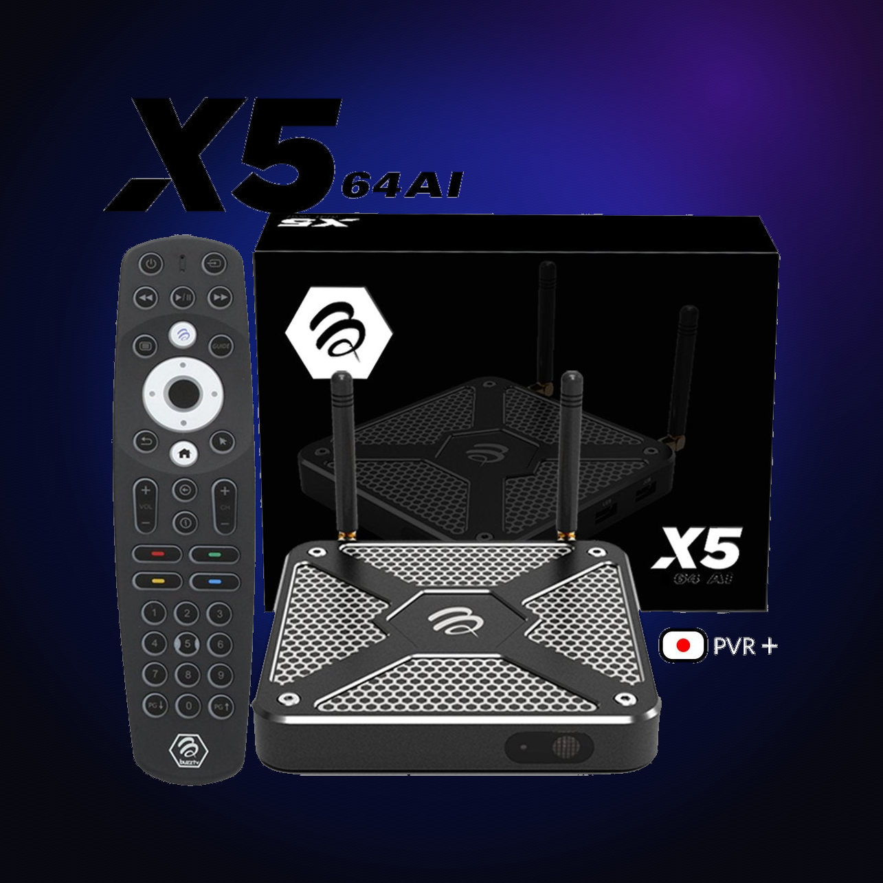 BuzzTV X5 streaming media player with remote and retail box on a dark blue glow background