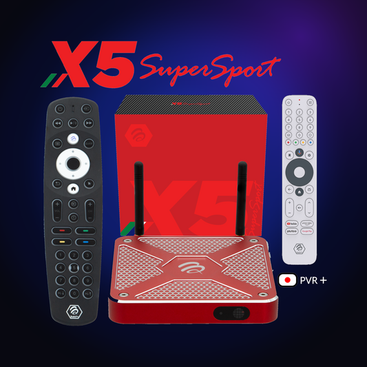 BuzzTV X5 SuperSport red streaming media player with remotes on a dark blue glow background