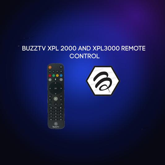 BuzzTV XPL 2000 and XPL 3000 replacement remote control on a dark blue glow background