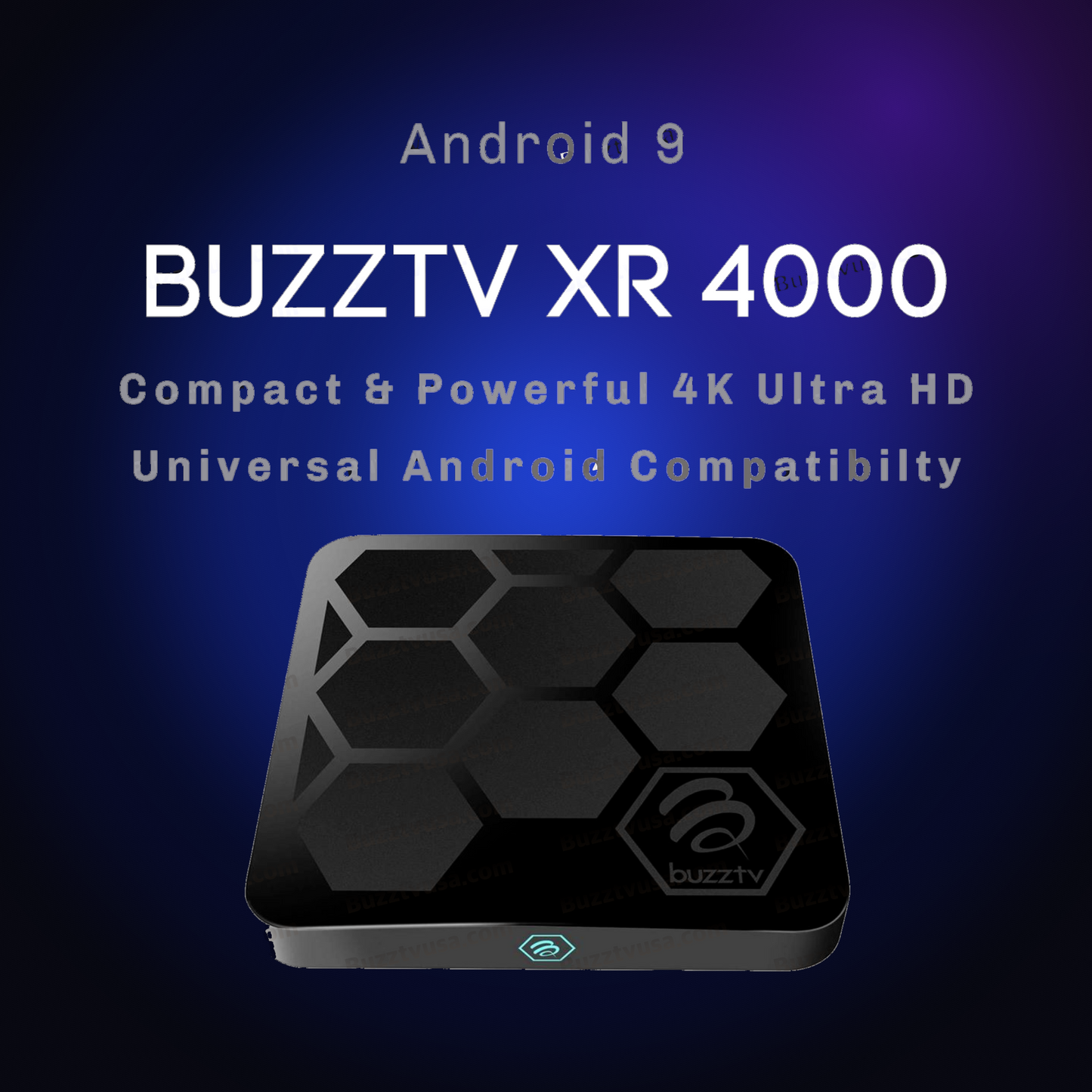Open-box BuzzTV XR 4000 Android TV box on a dark blue glow background