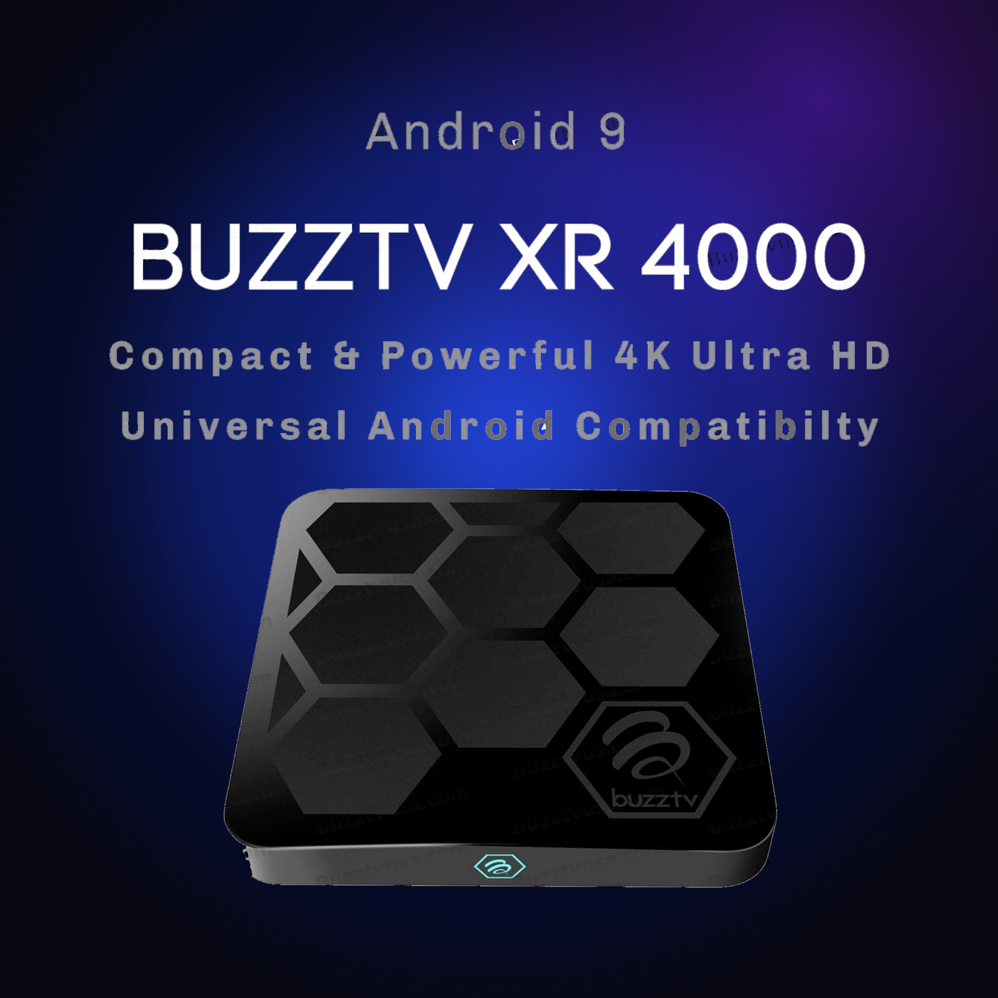 Open-box BuzzTV XR 4000 Android TV box on a dark blue glow background