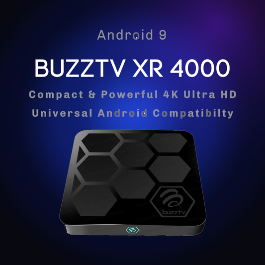 Open-box BuzzTV XR 4000 Android TV box on a dark blue glow background