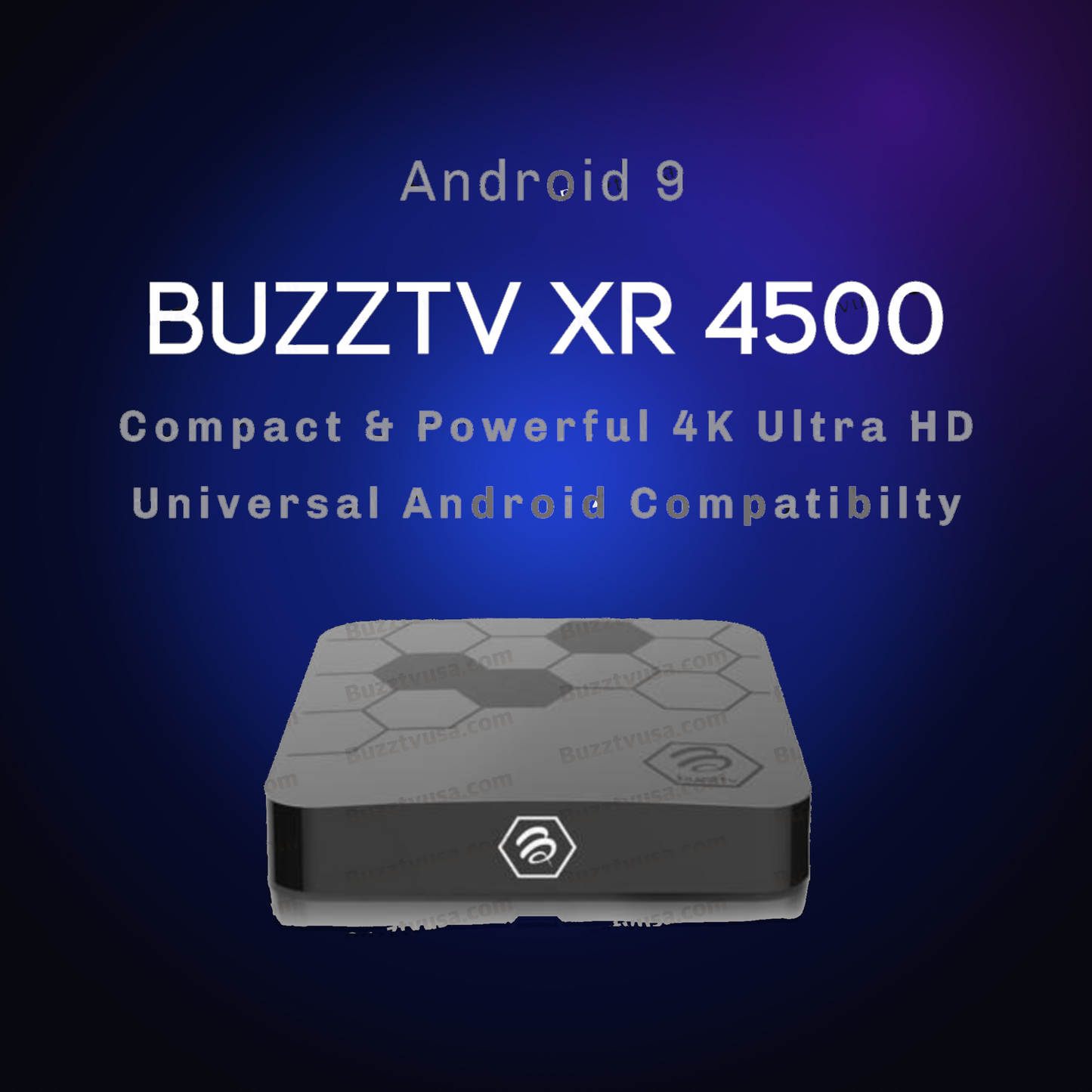 Open-box BuzzTV XR 4500 Android TV box on a dark blue glow background