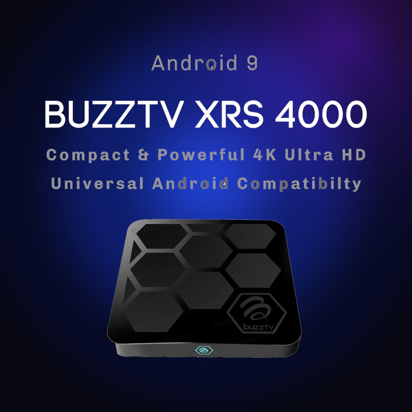 Open-box BuzzTV XRS 4000 Android TV box on a dark blue glow background