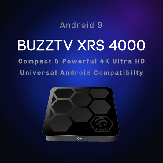 Open-box BuzzTV XRS 4000 Android TV box on a dark blue glow background