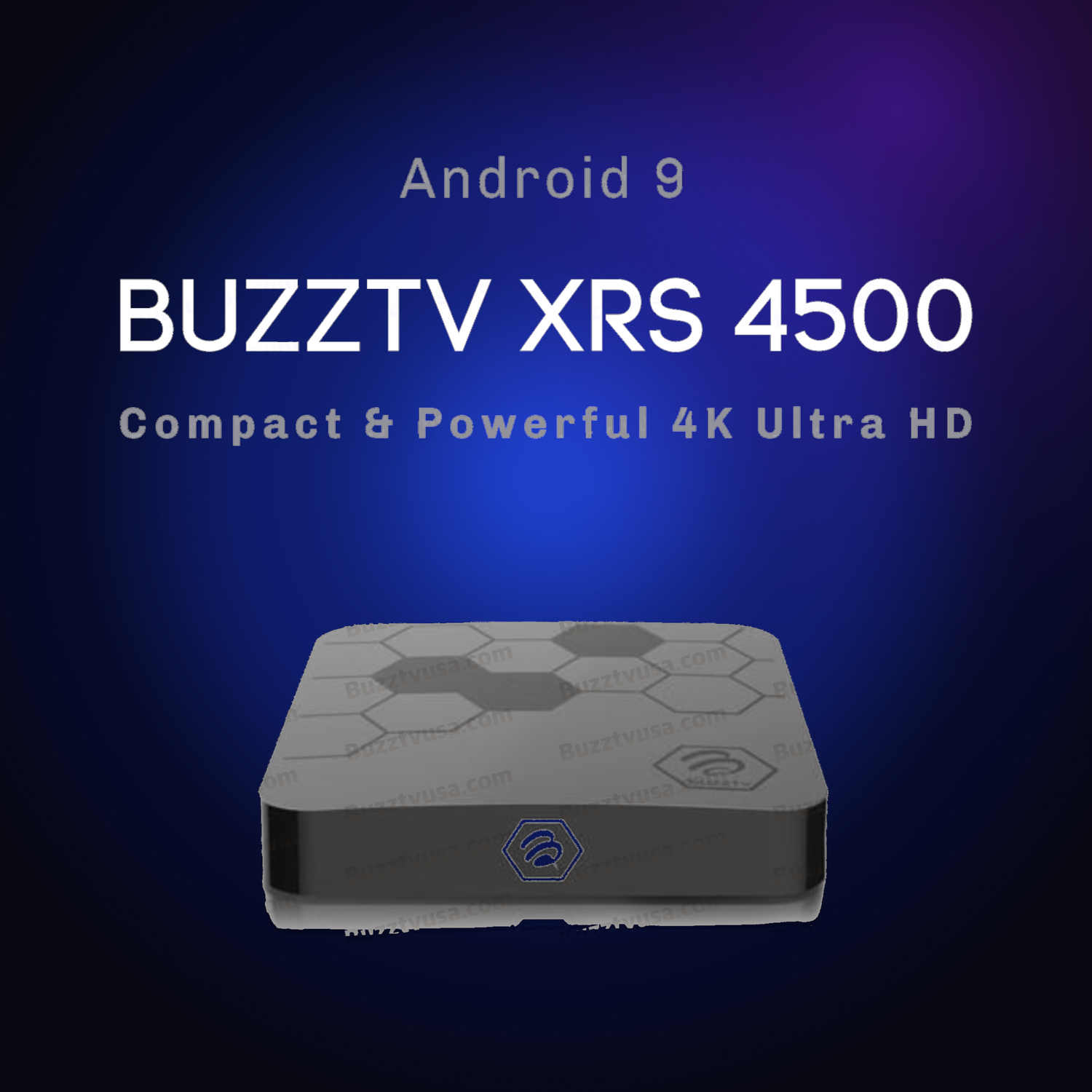 Open-box BuzzTV XRS 4500 Android TV box on a dark blue glow background