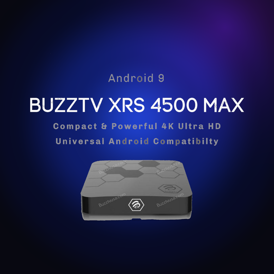 Open-box BuzzTV XRS 4500 MAX Android TV box on a dark blue glow background