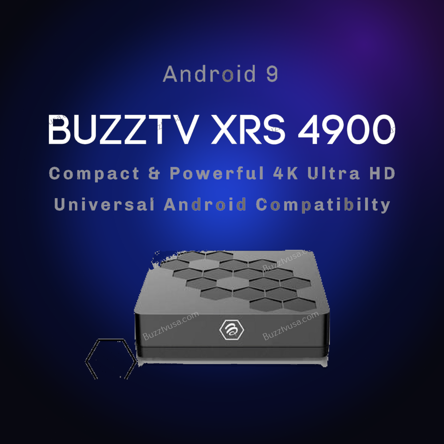 Open-box BuzzTV XRS 4900 flagship Android TV box on a dark blue glow background