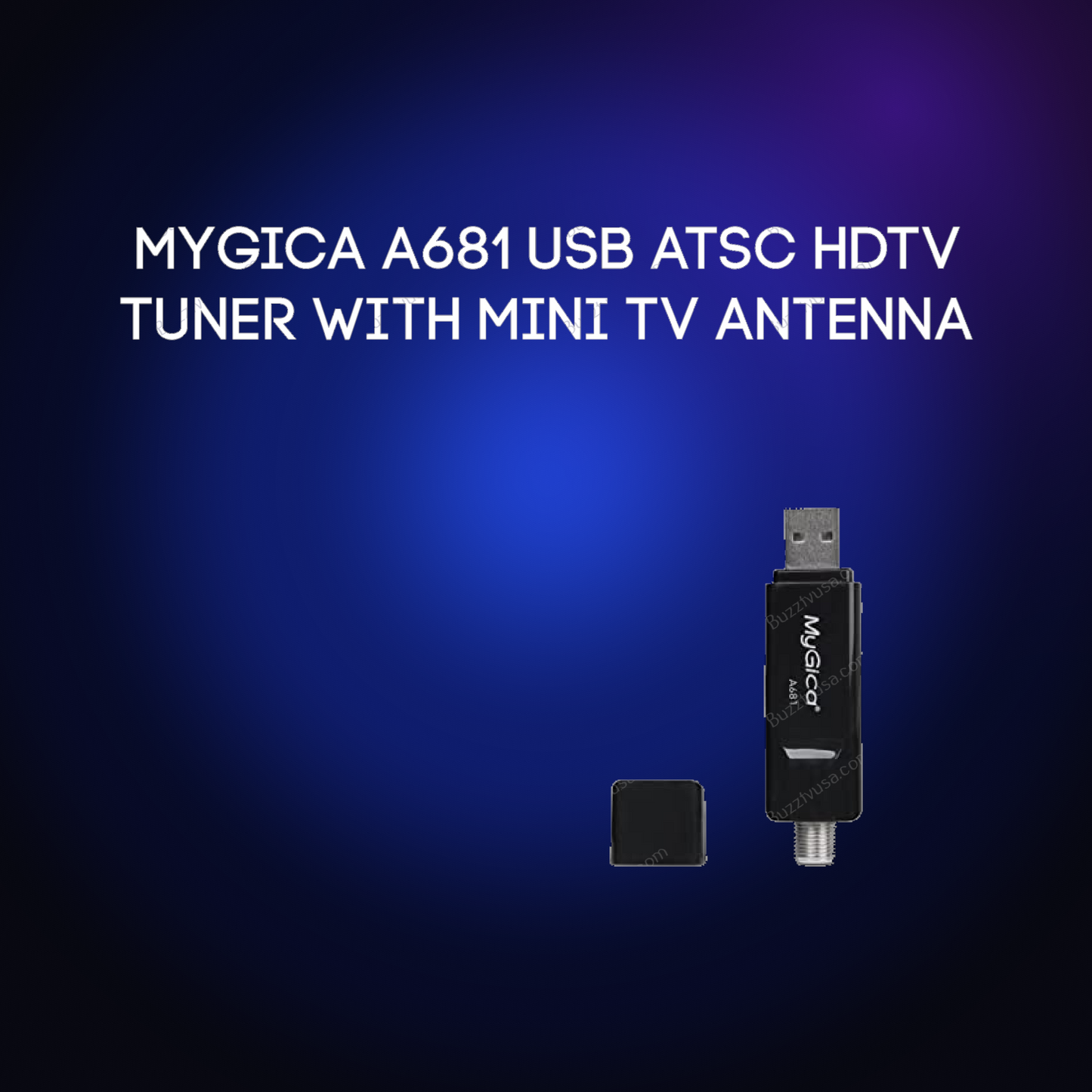 MyGica A681 USB ATSC HDTV tuner stick on a dark blue glow background