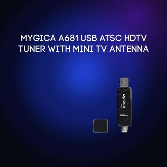 MyGica A681 USB ATSC HDTV tuner stick on a dark blue glow background