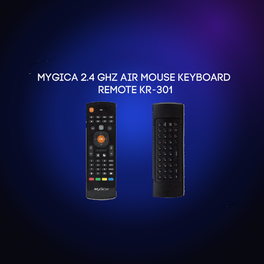 MyGica KR-301 air mouse keyboard remote on a dark blue glow background