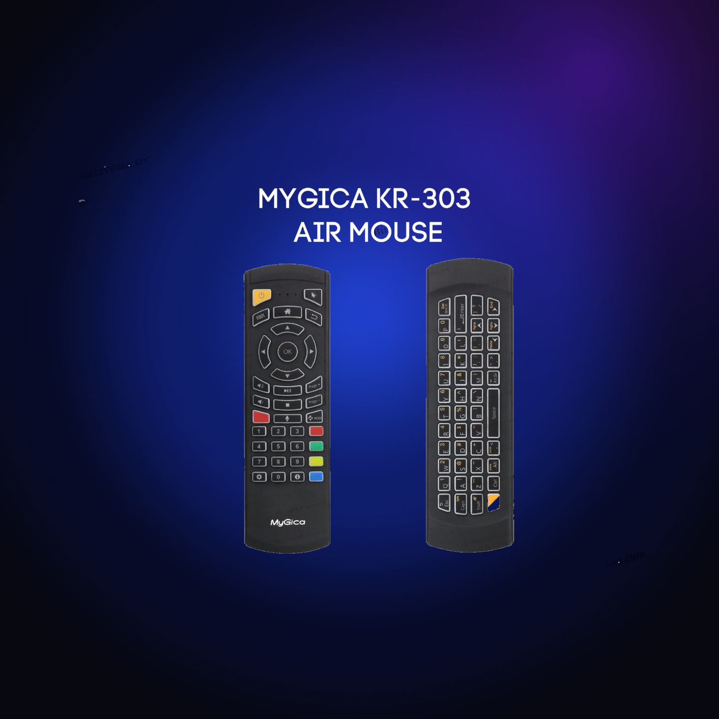 MyGica KR-303 backlit air mouse keyboard remote on a dark blue glow background