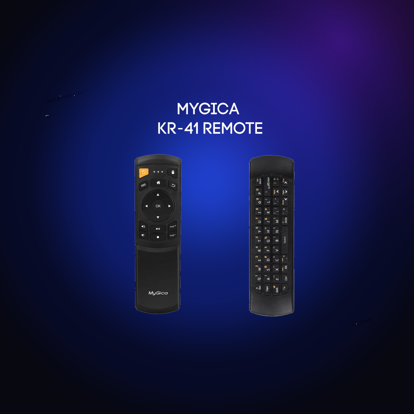 MyGica KR-41 air mouse remote on a dark blue glow background