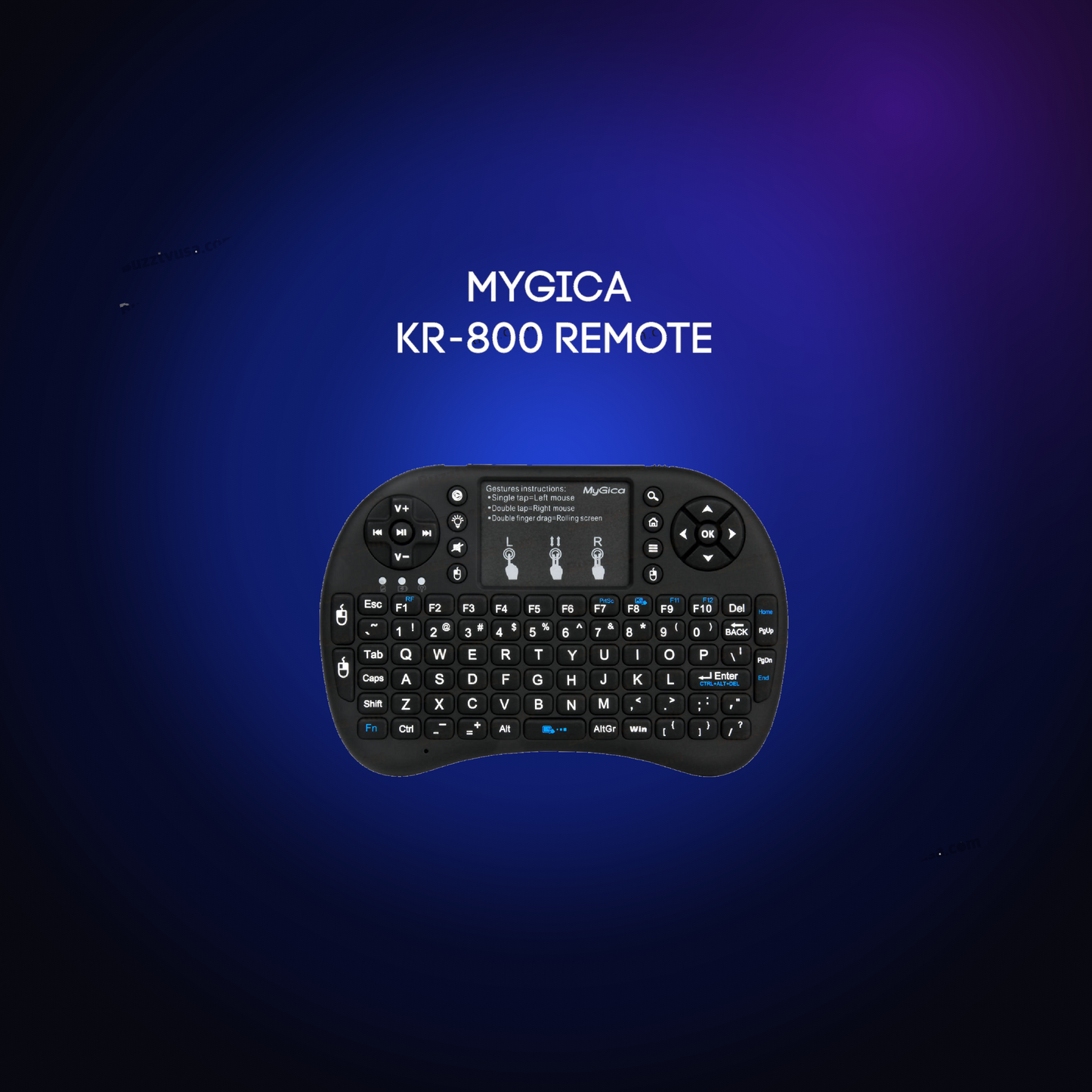 MyGica KR-800 air mouse keyboard remote with touchpad on a dark blue glow background